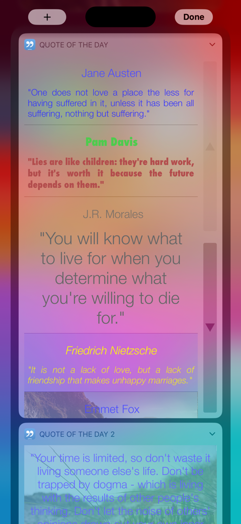 Quote of the Day Widget - Widgets de citação diária personalizáveis em um iPhone mostrando diferentes fontes e fundos