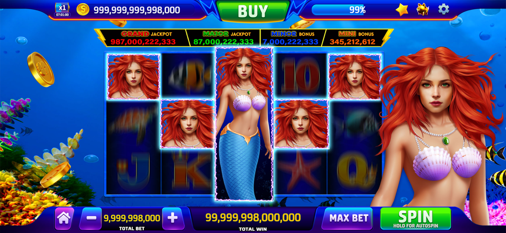 X Slots - Casino Games - Underwater mermaid themed slot machine interface in X Slots with various jackpot tiers and spin button