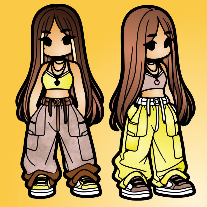 girl in baggy pants crop top and long hair