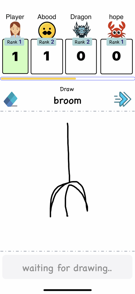 Draw Fast - Gameplay of Draw Fast showing a player drawing a broom in a competition with other players