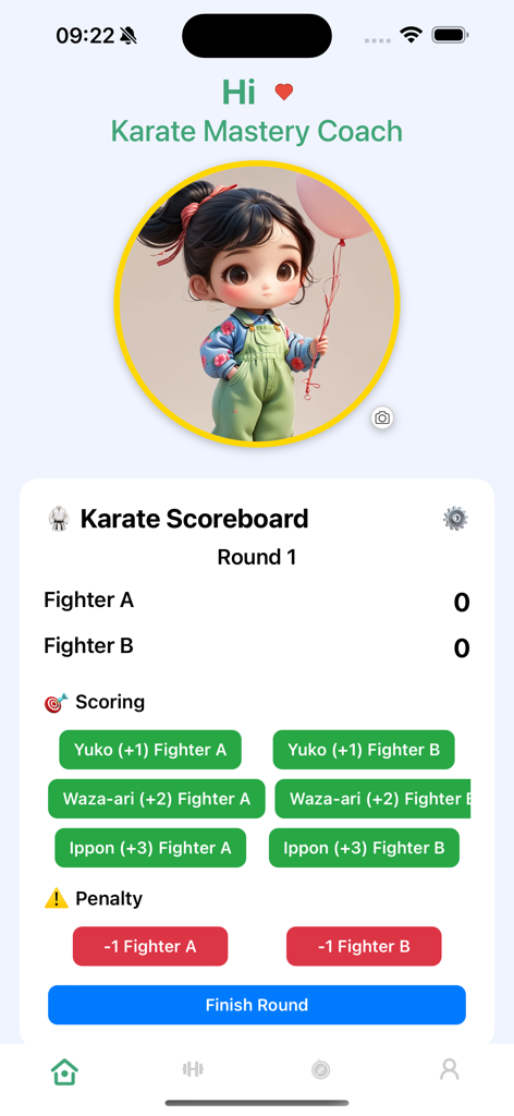 Learn Karate Mastery At Home - Digital karate scoreboard interface with point buttons for Yuko Waza-ari and Ippon