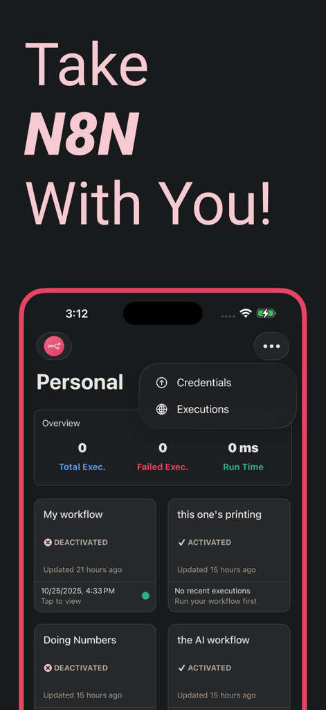 The main dashboard of the Nathan app displaying n8n workflow statuses and execution metrics