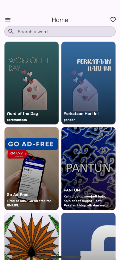 Kamus Pro - Home screen of the Kamus Pro dictionary app showing the Word of the Day in English and Malay and a search bar.
