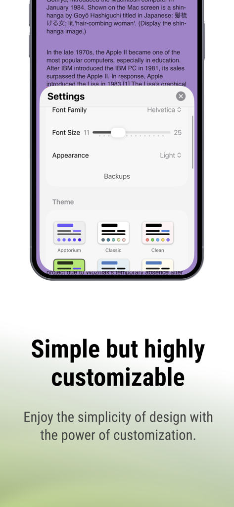 FiveNotes Mobile - Settings screen of FiveNotes Mobile showing font family font size and theme selection options