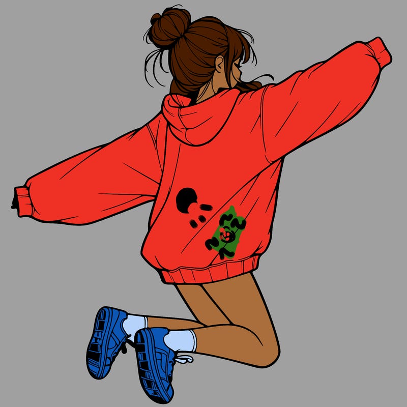 realistic girl jumping with a bun and oversized sweatshirt