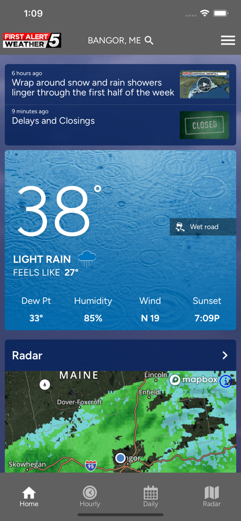 WABI TV5 Weather App home screen showing current temperature and local radar for Bangor Maine