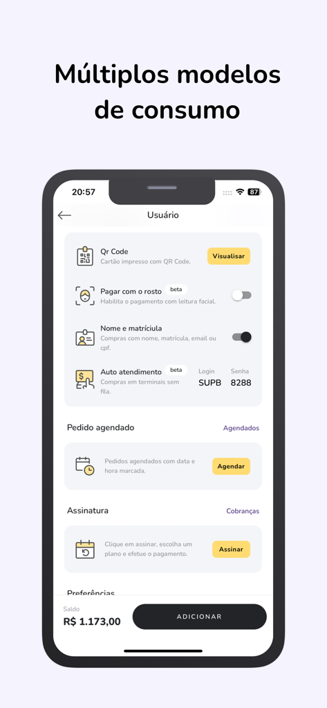 Picks Manager - Una interfaz de aplicación móvil que muestra múltiples opciones de pago de cafetería escolar, incluido código QR y reconocimiento facial.
