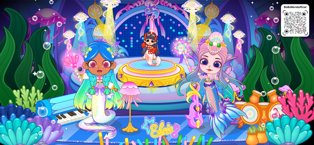 BoBo World: The Little Mermaid - 海中でカラフルな音楽ステージでパフォーマンスをする3人の人魚のキャラクター。