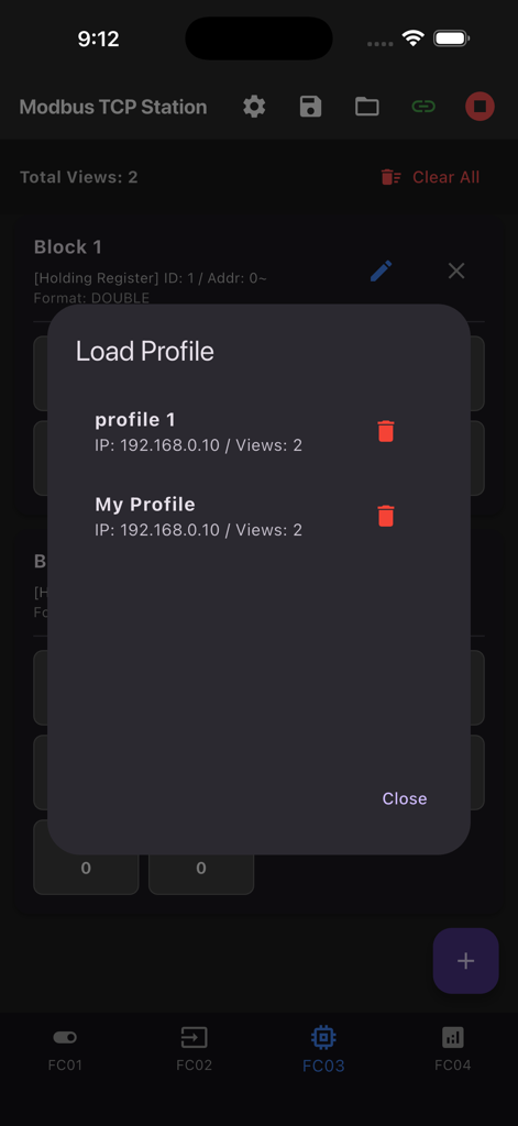 Modbus TCP Station - Modbus TCP Station app displaying the load profile modal with saved connection settings and IP addresses