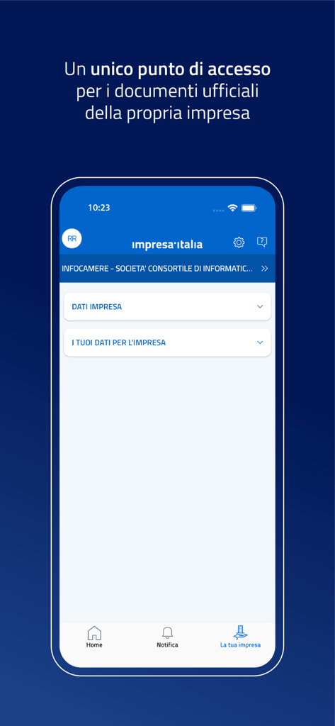 impresa italia - Home screen of the Impresa Italia app displaying options for official company documents.