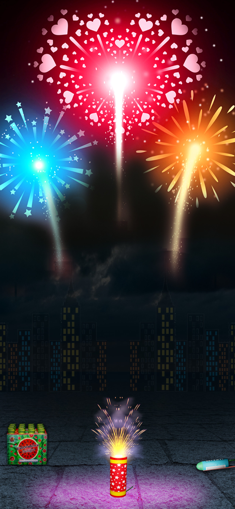 Pyrotechnic Fireworks Games 3D - 3D 시뮬레이션 게임에서 밤 도시 스카이라인을 가로질러 폭발하는 하트와 별 모양의 불꽃놀이