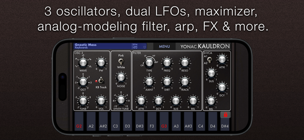 Kauldron Synthesizer mobile app interface featuring analog modeling controls and oscillators