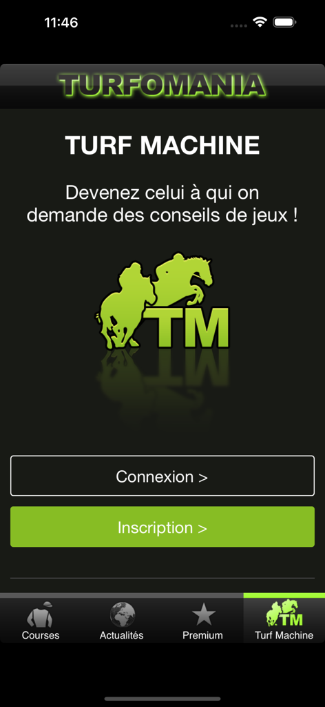 Turfomania - Turf et pronostic - Écran de connexion et d'inscription de la Turf Machine dans l'application Turfomania, proposant des conseils de paris hippiques basés sur l'IA