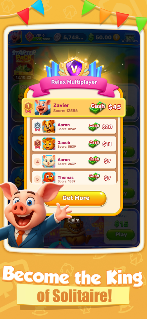Solitaire Bounty:Win Real Cash - A multiplayer leaderboard in Solitaire Bounty showing top players winning real cash prizes with a celebratory cartoon pig.