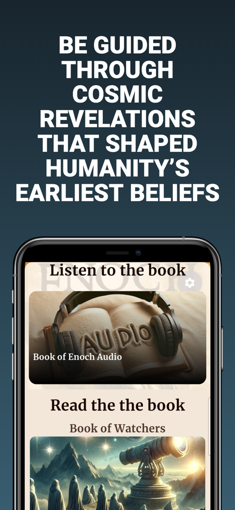 Book of Enoch ￮ - Mobile app interface for the Book of Enoch showing options to listen and read ancient scriptures