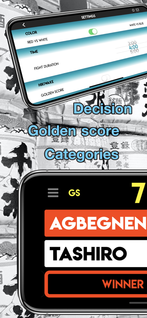 Judo Score - Judo Score app screens displaying match settings for fight duration and a scoreboard indicating the Golden Score winner.