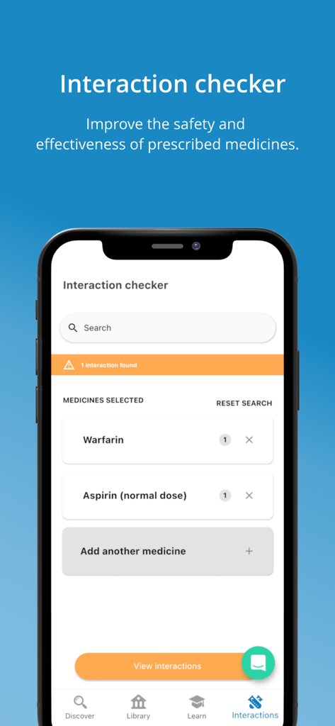 The interaction checker screen of the EMGuidance app showing a potential drug interaction between Warfarin and Aspirin.