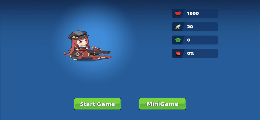 Future Guard - Future Guardモバイルゲームのスタート画面。ちびキャラのヒーローとプレイヤーの統計情報が表示されている。