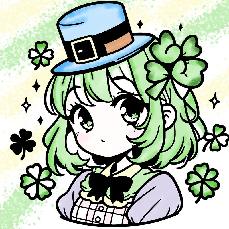 a manga-style girl with clovers around her, a little hat in her hair, like it's saint patrick's day