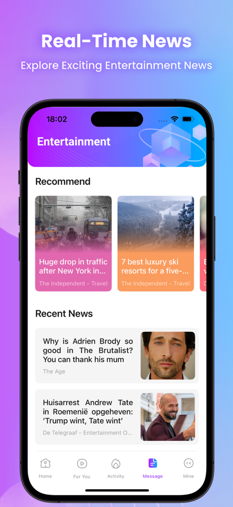 おすすめの旅行記事やセレブリティ記事が表示されるリアルタイムエンターテイメントニュースフィードを表示するTiny Dramaアプリのスマートフォンスクリーンショット。