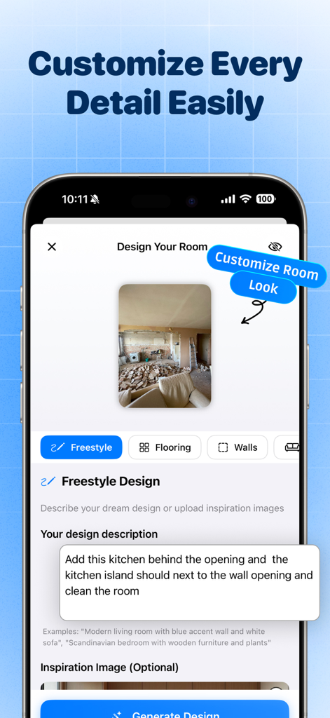 AI Room Planner - Baytee - Interface of the AI Room Planner app showing the freestyle design tool where a user enters a text prompt to visualize a kitchen renovation.