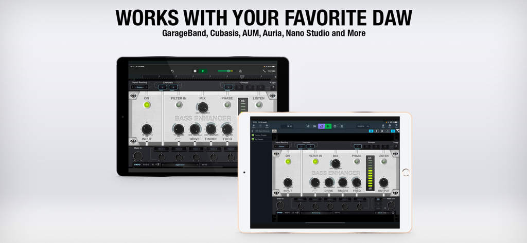 Interface do plugin Bass Enhancer AUv3 mostrada em dois iPads, ilustrando a compatibilidade com as principais DAWs mobile como GarageBand e Cubasis