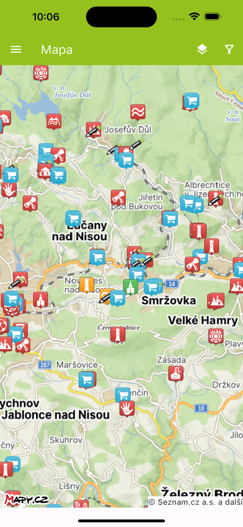 Wander Book - Wander Book app map screen showing colorful icons for tourist locations and stickers