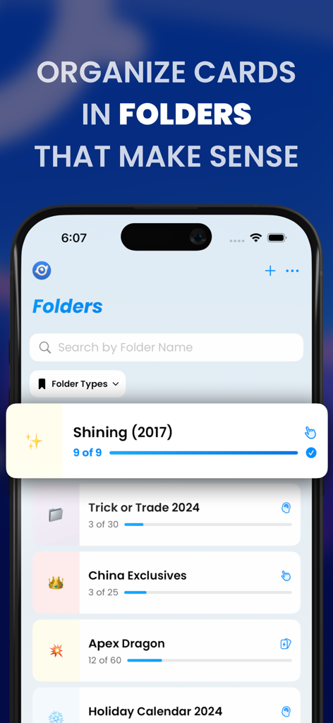 Dex - for TCG Collectors - User interface of the Dex app showing organized folders for Pokemon card collections and completion progress bars