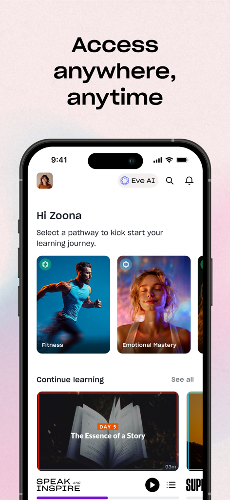 Mindvalley: Self Improvement - Mindvalley app home screen showing personalized fitness and emotional mastery learning paths
