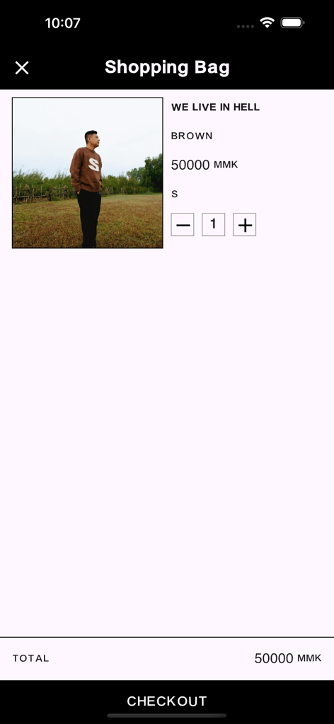 Shopping bag screen in the Stable Edge app showing an exclusive brown sweatshirt and checkout button.