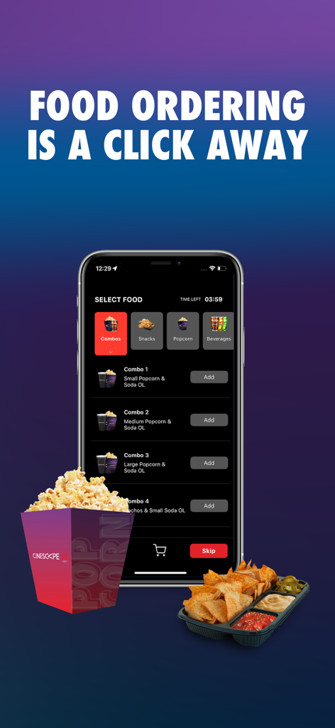 Cinescape - KNCC - Cinescape KNCC mobile app interface for ordering cinema food like popcorn and nachos
