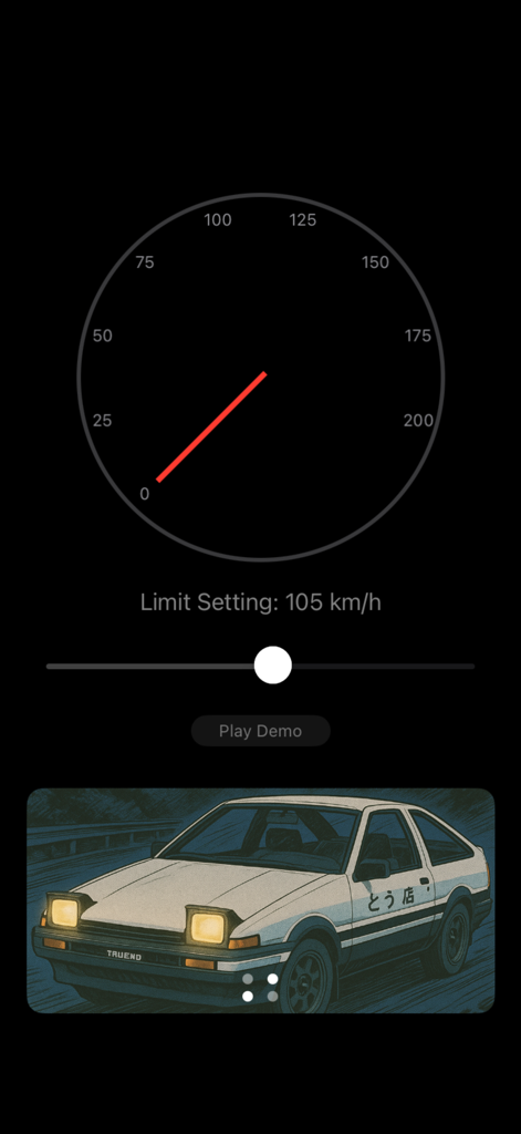 Interface do aplicativo Som Nostálgico 86 apresentando um medidor de velocidade e uma ilustração de um Toyota AE86 Trueno branco