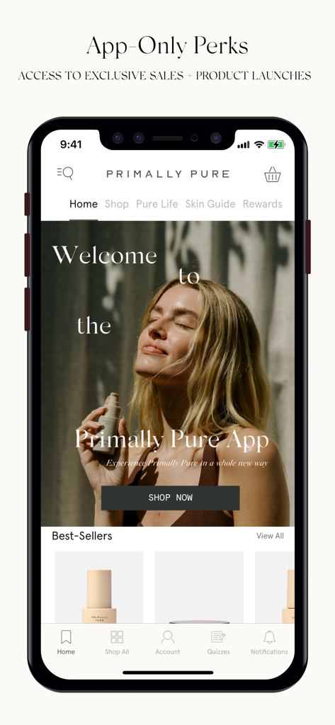 Primally Pure - Tela inicial do aplicativo de cuidados com a pele Primally Pure mostrando produtos naturais e benefícios exclusivos do aplicativo para bem-estar consciente.