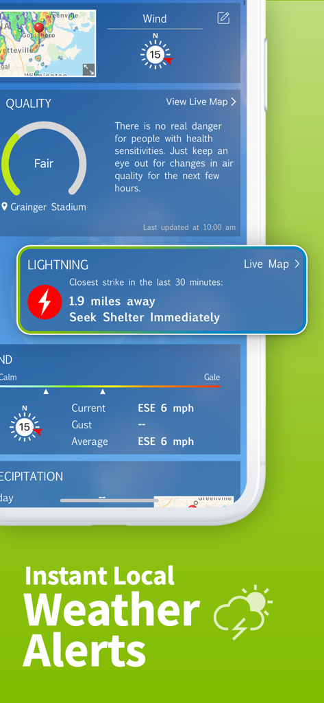 WeatherBug Elite mobile app interface showing real-time lightning alerts and air quality index