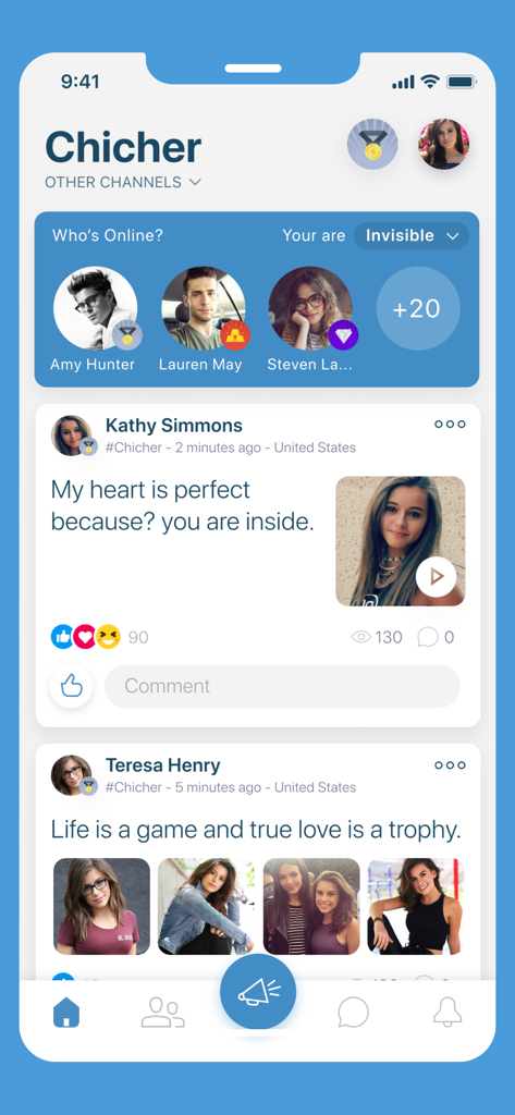 JustChill - Meet new people - The JustChill app main interface showing a list of online users and a social feed with photos and posts.