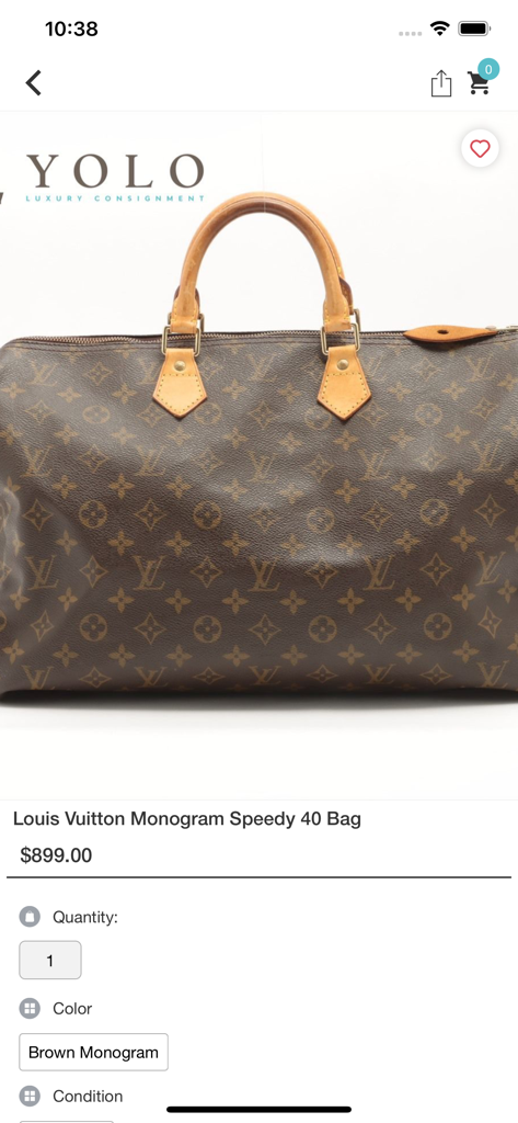A product page for a pre-owned Louis Vuitton Monogram Speedy 40 Bag on the YOLO Luxury Consignment mobile app