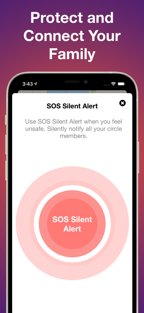 Captura de tela do aplicativo Encontre Minha Família mostrando o recurso de Alerta Silencioso SOS para notificar os membros do círculo em emergências