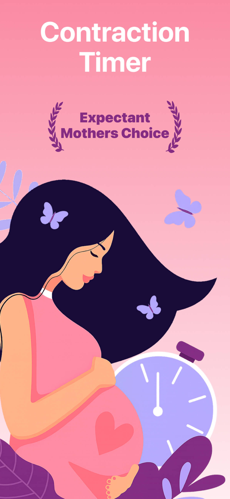 Contraction Timer & Trackerㅤ - Gráfico que muestra a una mujer embarazada con mariposas y un reloj para la aplicación Temporizador de Contracciones