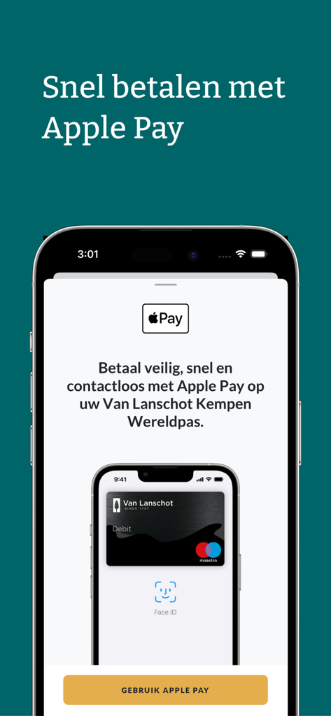 Pantalla de la aplicación de banca privada de Van Lanschot Kempen mostrando la integración de Apple Pay y la autenticación Face ID para pagos seguros