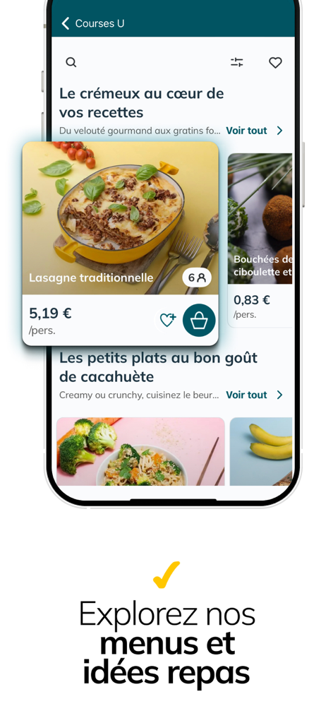 Courses U : Magasin en ligne - Courses U app interface showing meal ideas and recipes including lasagna with prices per person