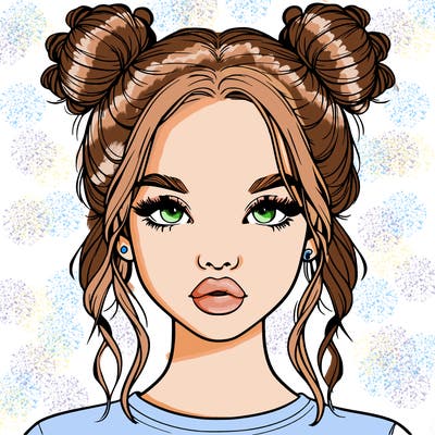 realistic girl with two buns in hair and lips