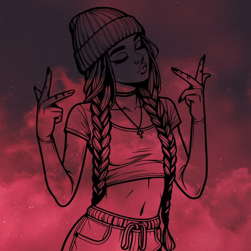 realistic teenage girl with braids and a beanie and crop top doing 🫶🏼