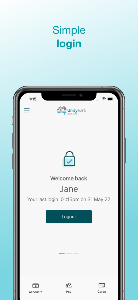 Unity Bank - Unity Bank mobile app simple login screen showing a welcome back message