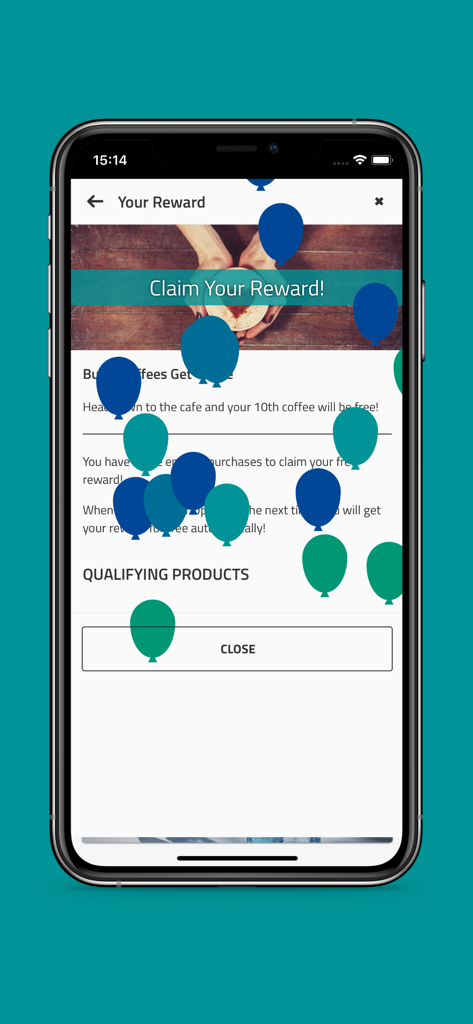 Upay - Payments & Loyalty - Upay app reward claim screen for a free coffee loyalty reward.
