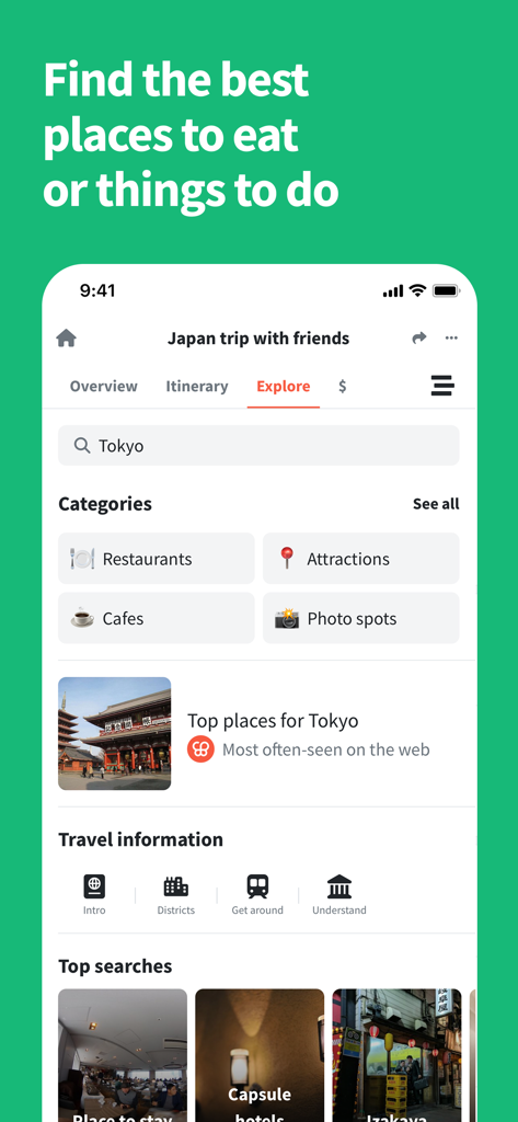 Wanderlog - Travel Planner - App di viaggio Wanderlog che mostra la scheda esplora con categorie di ristoranti e attrazioni di Tokyo