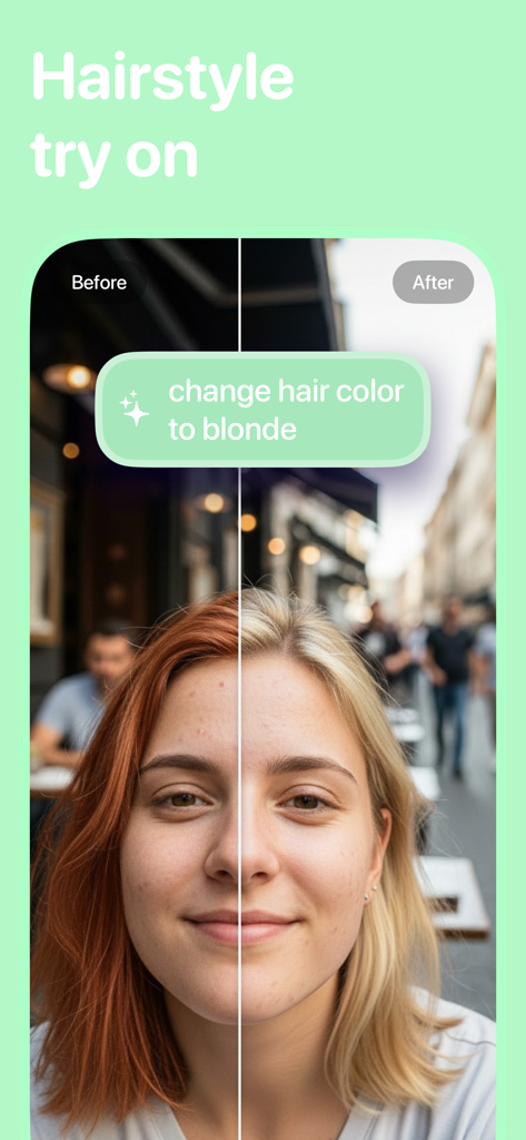 Blemish Remover: Clearrr - Una comparación de antes y después que muestra a una mujer cambiando su color de cabello a rubio usando la aplicación Clearrr