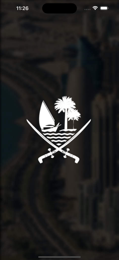 SAK صك - Official splash screen of the SAK app showing the white Qatar national emblem over a blurred city background