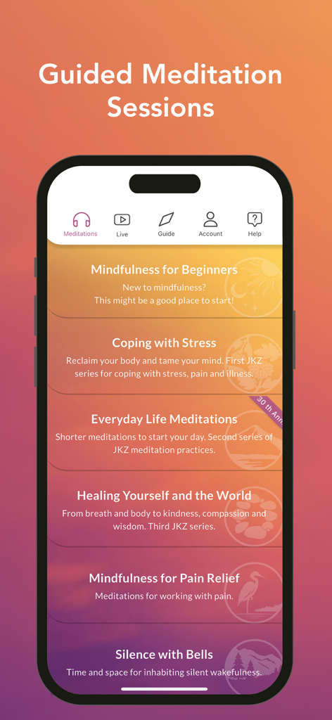 Jon Kabat-Zinn JKZ Meditations - The guided meditation sessions menu in the Jon Kabat-Zinn JKZ Meditations app showing categories for stress and pain relief.