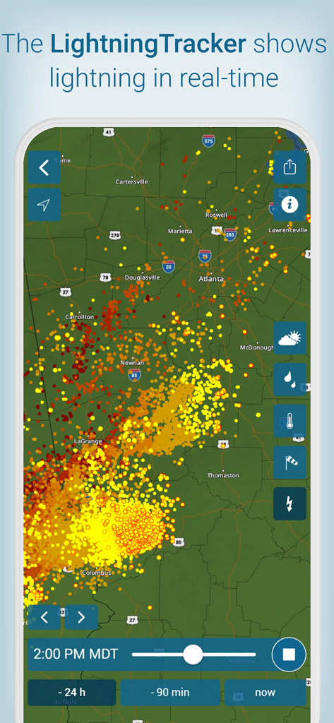 Real-time lightning tracker map showing storm intensity on the Weather and Radar app