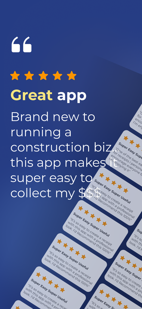 User review showing how Invoice Maker Flex helps a construction business collect payments easily